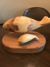Mid century 1970's Hand Carved Wood Art Mom & Baby Whale on Stand,Wood Grain p