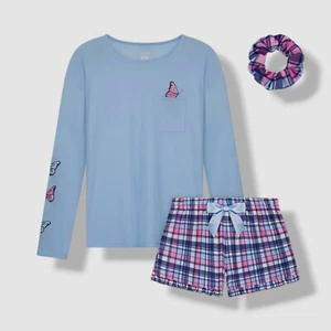 Max & Olivia Kids Girl's Blue Butterfly Plaid Scrunchie & Pajama Set Size S - Picture 1 of 2