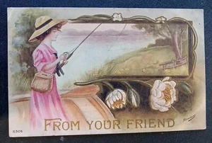 Postcard Greetings Fly Fishing Pretty Girl Creek Sun Hat Pink Dress Embossed - Picture 1 of 2