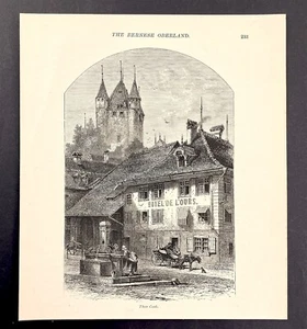 View Thun Castle in the Swiss canton of Bern original woodcut print c1875 - Picture 1 of 3