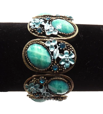 Brazalete Brazalete Floral Turquesa Azul Estrás Tono Bronce Alambre a Presión Joyería Foto 1 de 4