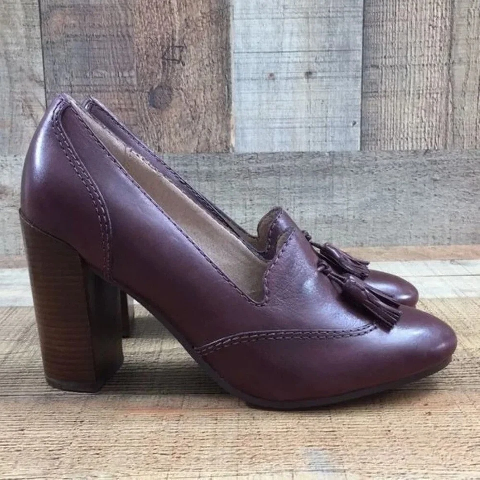 Lands End Burgundy Leather Stowe Tassel High Heel Shoes Womens 6B Slip On Kiltie - Image 1 of 4