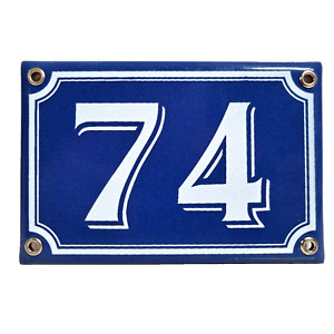 Vintage French blue house address number enamel sign 74 Parisian style for gate