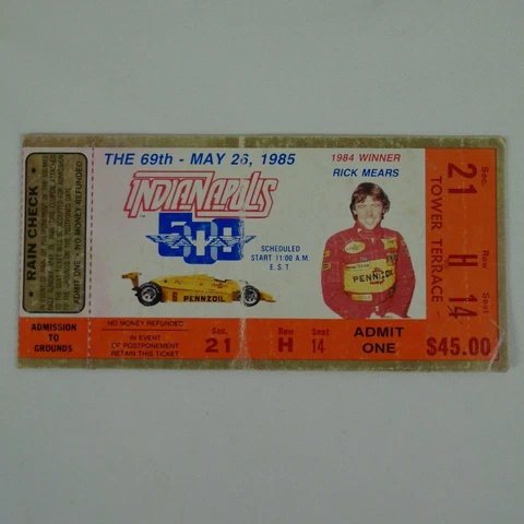 1985 Indy 500 Used Race Ticket Stub Tower Terrace Sec. 21 Row H Seat 14 Cover