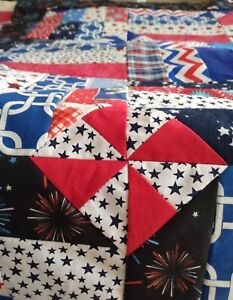 Patriotic rail fence; pinwheels, stars. Red white blue cotton quilt top 37"x47"