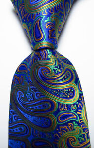 New Classic Paisley Royalblue Green Gold JACQUARD WOVEN Silk Men's Tie Necktie
