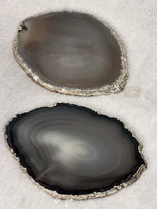 Set Of 2 Natural Agate Stone Coasters Silver Plated Edge ~5” - Picture 1 of 22