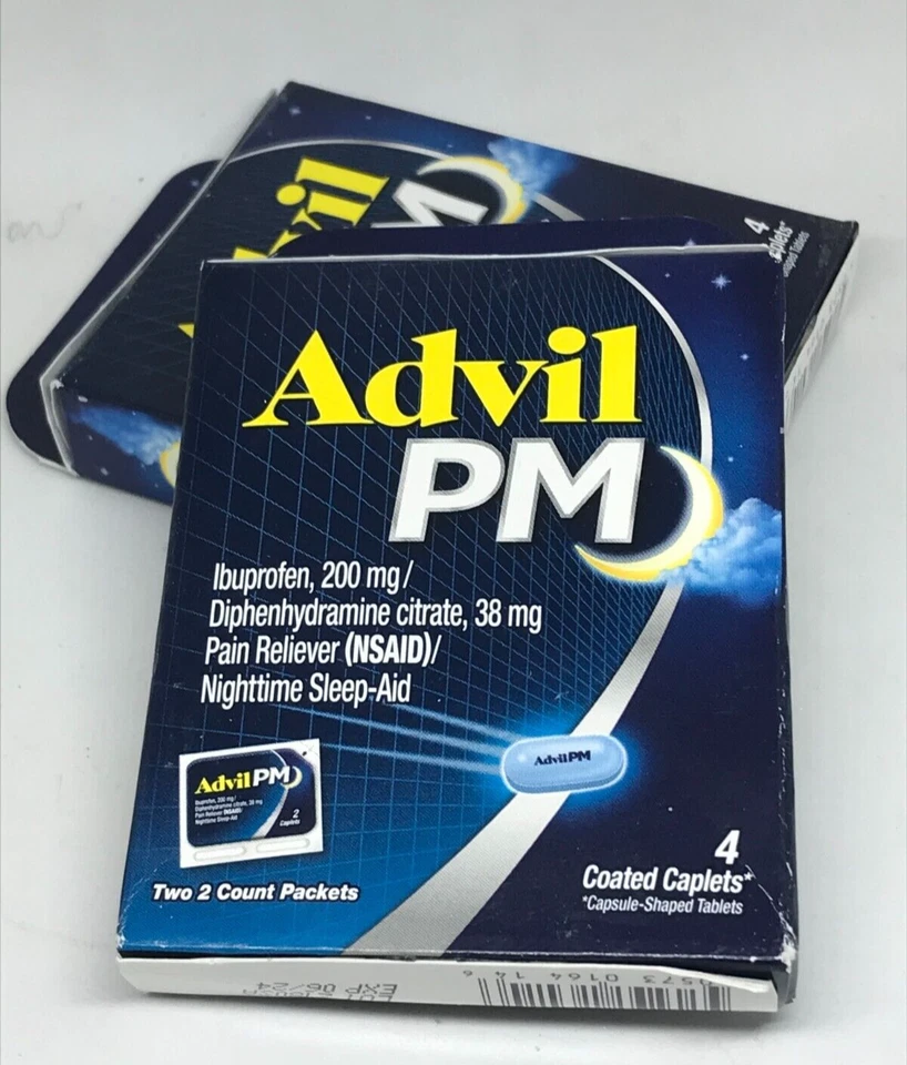 Advil PM Coated Caplets | 200 mg | 4 Ct Travel Size Boxes (Lot of 2) | Ibuprofen - Image 1 of 2