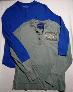 2 for 1! American Eagle Long Sleeve Henley Shirts Men's Large Blue Green - Picture 1 of 10