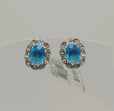 Ladies Sterling Silver Earrings  W/ Oval Simulated Blue Topaz NWT Sears - Image 1 of 4
