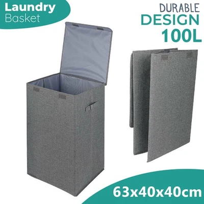 Wäschekorb mit Deckel Wäschesammler mit Großer Kapazität Grau, 100L Faltbarer DE - Bild 1 von 4