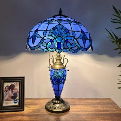 Lámpara de mesa estilo Tiffany vitral azul bombilla LED incluye estilo barroco 24"H Foto 1 de 4