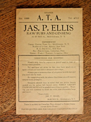 1936 JAS. P. ELLIS FUR CO. LISTA DE PREÇOS DE PELE MIDDLETOWN, NY TRAPS ARMADILHAS VINTAGE - Imagem 1 de 3