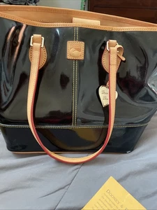 Dooney & Bourke Black Patent Leather Tote Bag Brown Leather Trim With Red Lined - Picture 1 of 14