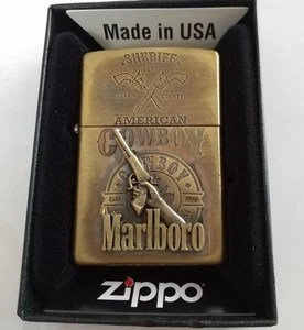 Accendino Zippo Marlboro logo cowboy americano 3D ottone dorato con scatola scintilla confermata - Foto 1 di 9