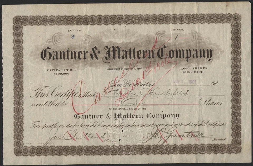 GANTNER & MATTERN COMPANY, SAN FRANCISCO, CALIFORNIA 1901 - Image 1 of 1