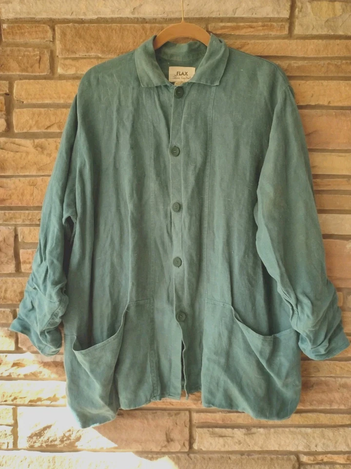 Camisa Chaqueta Vintage Años 90 FLAX Jeanne Engelhart Lino M Madera Teal Botones Bolsillos Foto 1 de 4