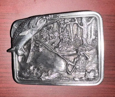 Vintage Bergamot 3D Metal Fisherman Catching Big Fish on River Belt Buckle 1983 - Image 1 of 4
