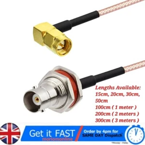 BNC Female Sealed Bulkhead Mount - SMA Male Right Angle Pigtail Cable RG174 - Zdjęcie 1 z 11