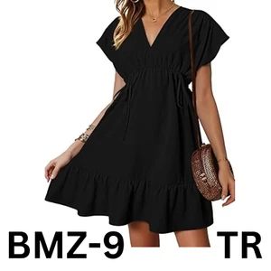 Dokotoo Womens Summer Dresses 2024 Short Sleeve V-Neck Drawstring Casual Dress L - Picture 1 of 9