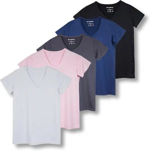 5 Pack: Women'S Short Sleeve V-Neck Activewear T-Shirt Dry-Fit Wicking Yoga Top - Picture 1 of 12