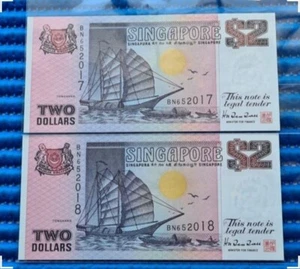 2X BN Singapore Ship Series $2 Note BN 652017 & 652018 Run Replacement Banknote  - Picture 1 of 2