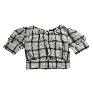 French Connection Linen Crop Top Womens 8 White Plaid Short Sleeve Puff Boat - Picture 1 of 7