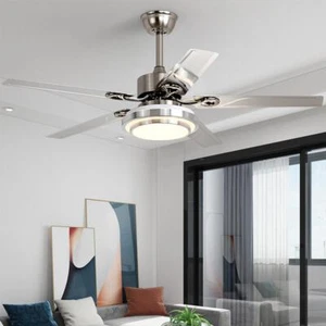 52" Stainless Steel Ceiling Fan Reversible 5-Blades 3-Colors Chandeler w/Remote - Picture 1 of 17