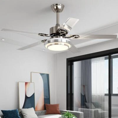 52" Stainless Steel Ceiling Fan Reversible 5-Blades 3-Colors Chandeler w/Remote - Image 1 of 4
