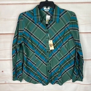 Van Heusen Top Womens XL Green Blue Tartan Button Up Shirt Long Sleeve Cotton - Picture 1 of 6