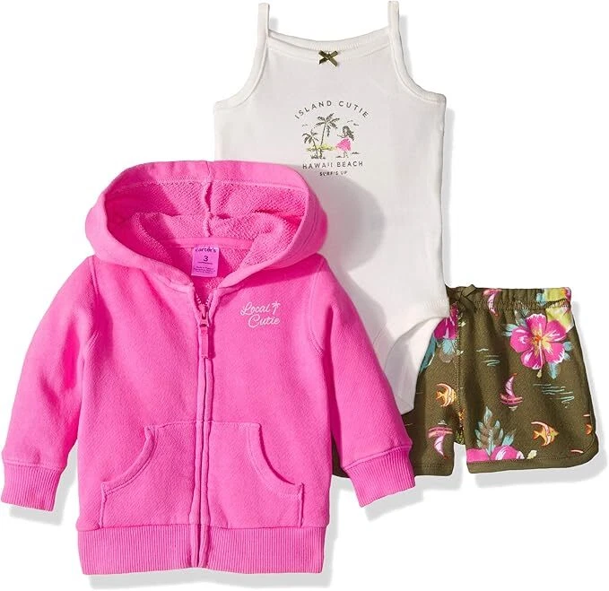 Carter's Baby Girls' 3-piece French Terry Neon Cardigan Set 3 Month Pink