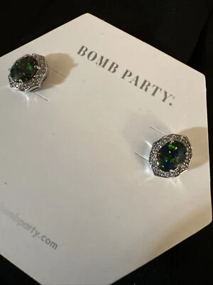 Bomb Party Beyond Bliss Black Fire Opal Rhodium Plating Earrings New On Card - Image 1 of 4