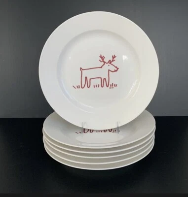 Crate & Barrel Trish Richman REINDEER Plates Salad Dessert at Home 12" Set Of 4 - Image 1 of 4