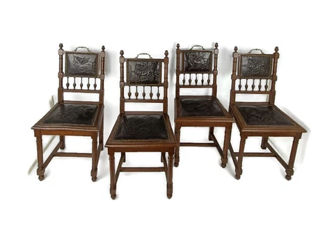 set of 4 Antique  Gothic 1900s Chairs  Ornate Heavy Wood Renaissance  Dragons Le Cover