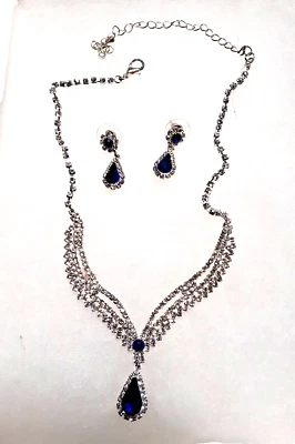 Conjunto de colar e brinco de strass de safira AZUL REAL - Imagem 1 de 4