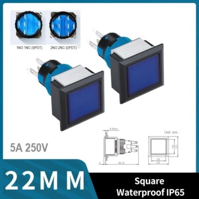 22mm SPDT/DPDT 5A 250VAC Black Square LED illuminated Plastic Push Button Switch - Image 1 of 4