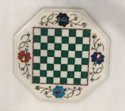 12" White Marble Onxy Chess Game Set Table Multi Stone Floral Inlay Art Room Dec - Image 1 of 4