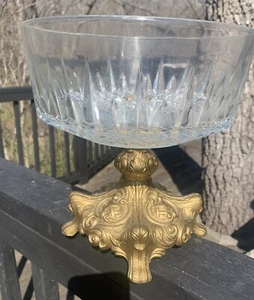Antique Cut Lead Crystal Compote Bowl w/ Cast Metal Brass Ornate Pedestal Base - Picture 1 of 23