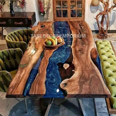 Handmade Resin Blue River Dining Collectible Table Top Epoxy Acacia Table Décors - Image 1 of 4
