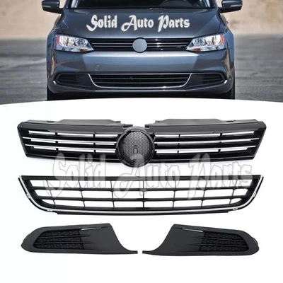 For 2011-2014 Jetta Front Bumper Upper & Lower Grille W/Chrome & Bezel Set 4Pc Foto 1 de 4