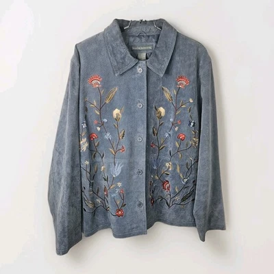 Jessica Holbrook Jacket Womens 1X Blue Suede Leather Floral Embroidered Artsy - Image 1 of 4