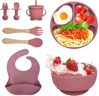 Baby Teller Kindergeschirr Sets, 8 Stücke Silikon Baby Geschirrset Mit Saugnapf - Bild 1 von 4