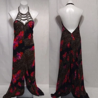 Mono Venus Halter con Cuentas Floral Estampado de Leopardo Gasa Sin Espalda Pierna Ancha XL Foto 1 de 4