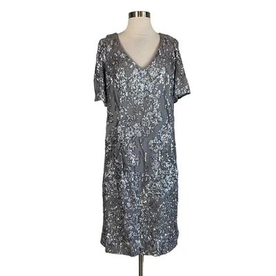 Alex Evenings Women's Cocktail Dress Size 14W Silver Sequin Short Sleeve Sheath - Image 1 of 4