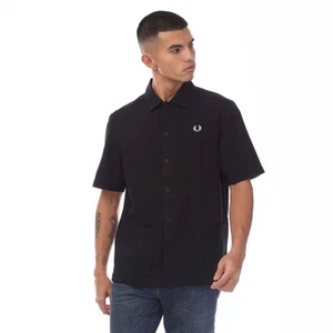Camisa de panel de piqué de lino Fred Perry para hombre en negro - Imagen 1 de 4