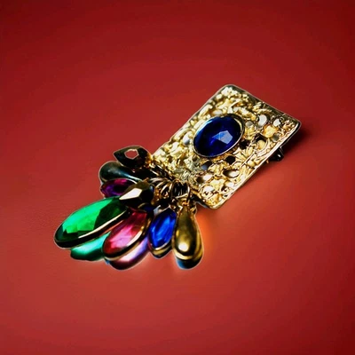 PIN DE MODA CHAPADO EN ORO VINTAGE, CON PIEDRAS PRECIOSAS DE IMITACIÓN MULTICOLORES COLGANTES Foto 1 de 4