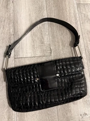 Alfani Black Croc Embossed Shoulder Bag Purse Patent Leather Baguette — 第 1/4 张图片