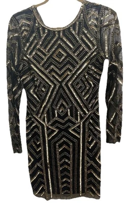 Vestido de Cóctel Gianni Bini Brillo Negro Dorado Lentejuelas Adornado Talla: 8 Foto 1 de 4