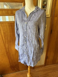 FRANK & EILEEN Mary  Shirt Dress BLUE HERRINGBONE 100% Linen Relaxed Soft M - Picture 1 of 5