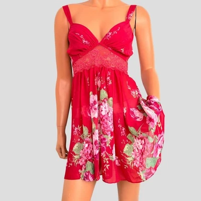 9Os Y2K Babydoll Slip Dress Women’s M Sheer Mini Red Floral Fairy Whimsigoth - Image 1 of 4